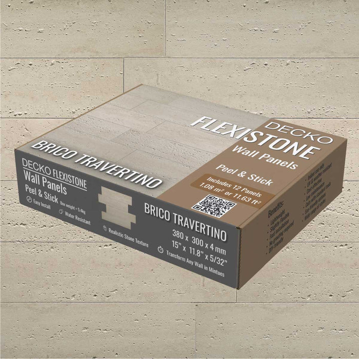 Hajlékony 3D kőhatású falpanelek – <b>BRICO TRAVERTINO</b> – 12 db egymásba illeszkedő, öntapadós panel egy dobozban – 1,08 m² | DECKO FlexiStone