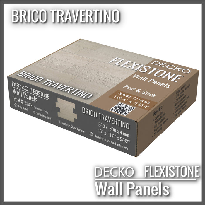 Hajlékony 3D kőhatású falpanelek – <b>BRICO TRAVERTINO</b> – 12 db egymásba illeszkedő, öntapadós panel egy dobozban – 1,08 m² | DECKO FlexiStone